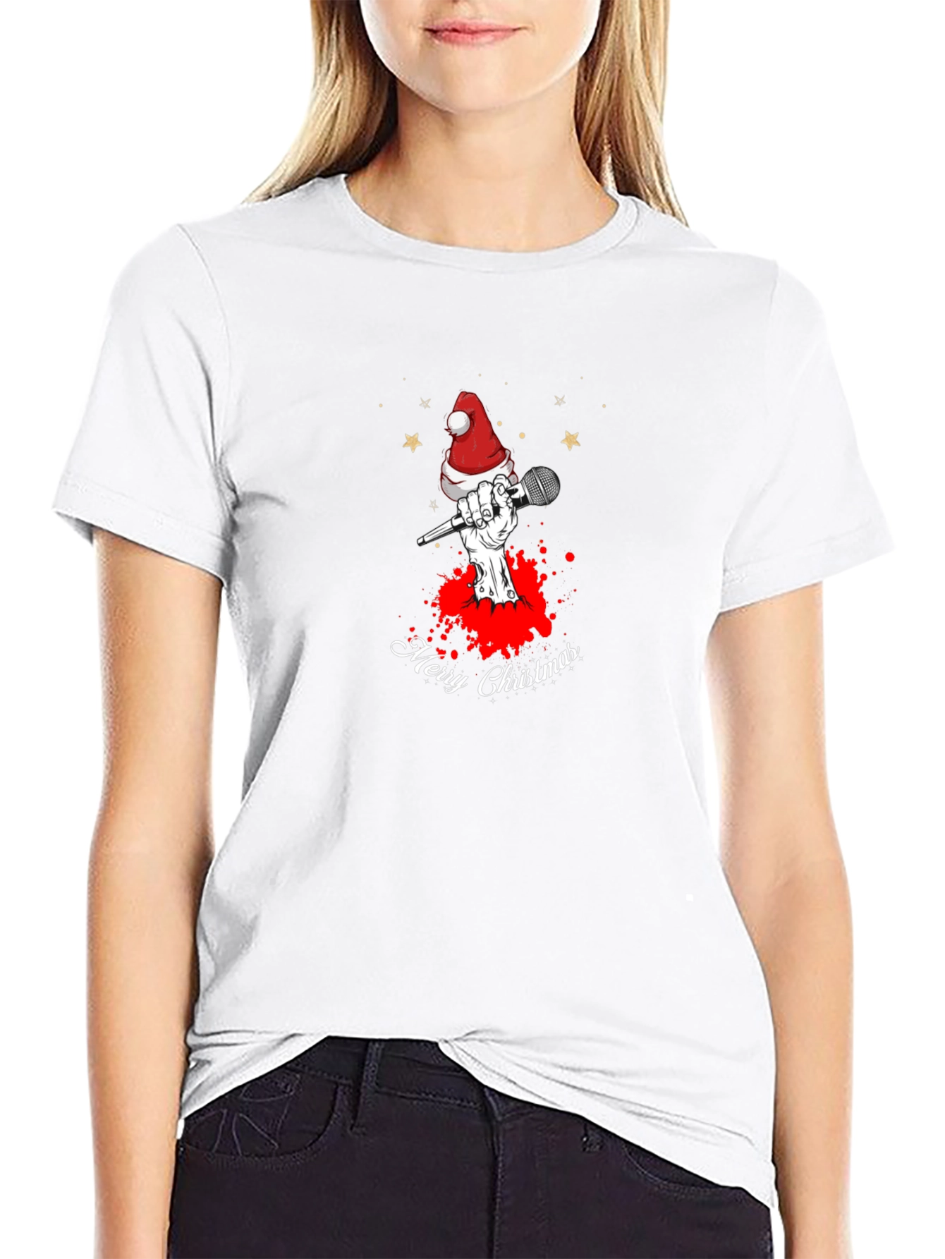 Merry Christmas Skeleton Hand Microphone Graphic Tee