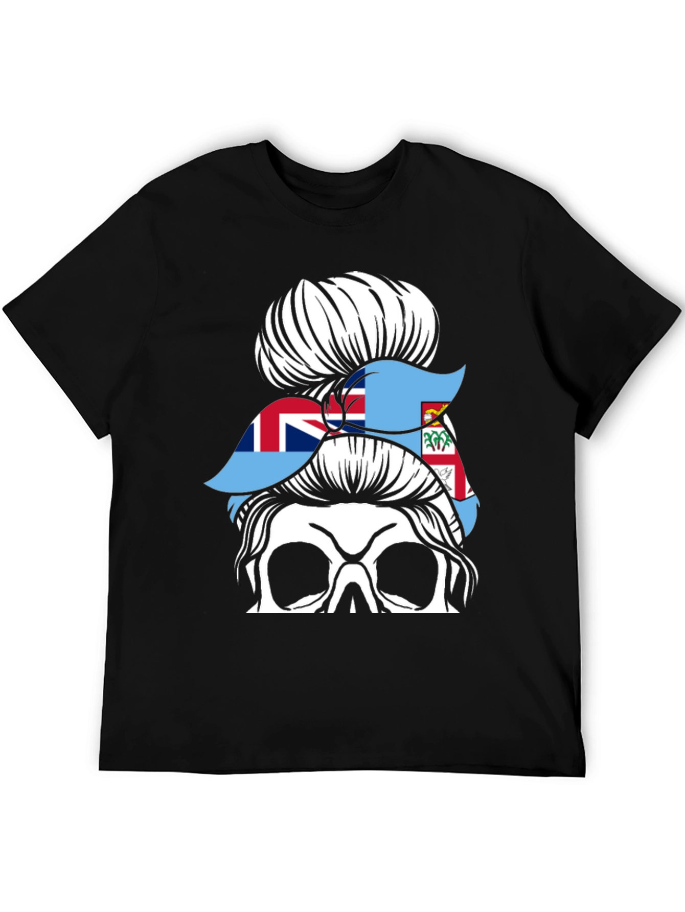 Fiji Flag Messy Bun Skull T-Shirt