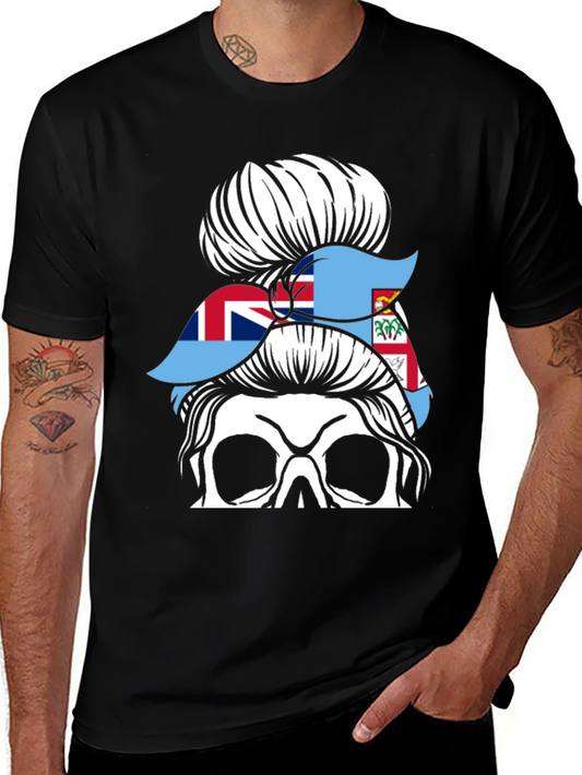 Fiji Flag Messy Bun Skull T-Shirt