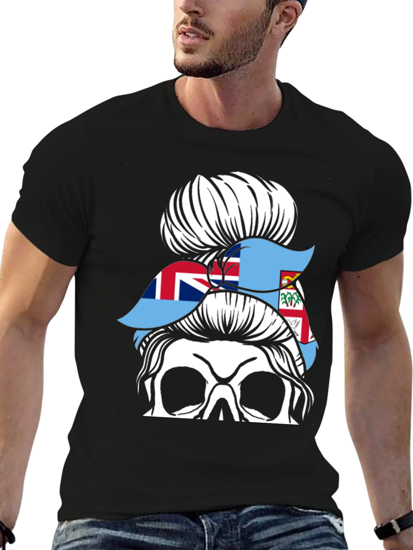Fiji Flag Messy Bun Skull T-Shirt