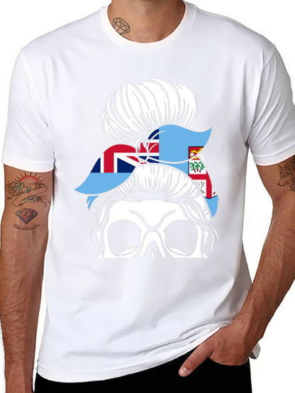 Fiji Flag Messy Bun Skull T-Shirt
