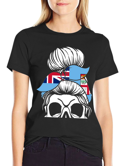 Fiji Flag Messy Bun Skull T-Shirt