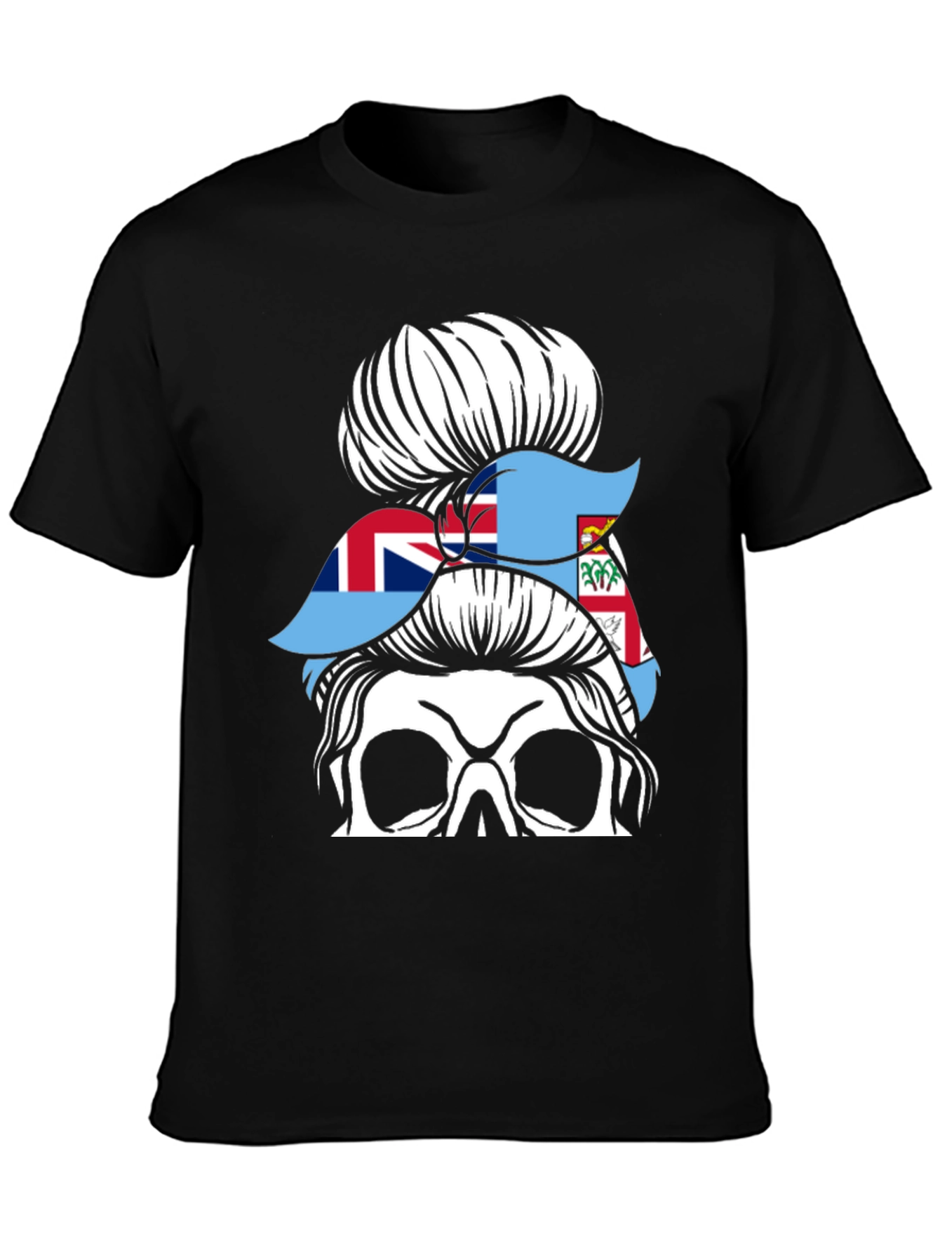 Fiji Flag Messy Bun Skull T-Shirt