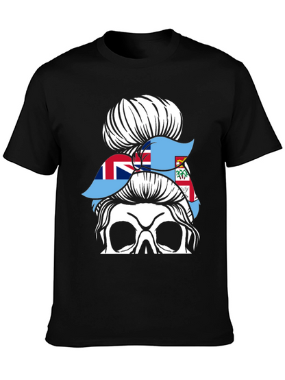 Fiji Flag Messy Bun Skull T-Shirt