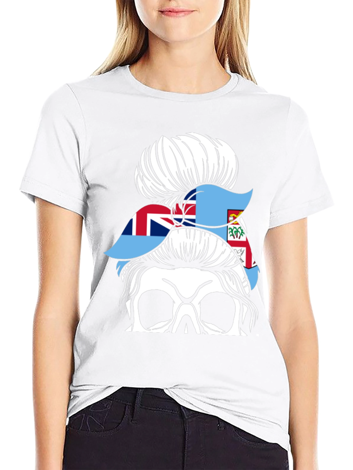 Fiji Flag Messy Bun Skull T-Shirt