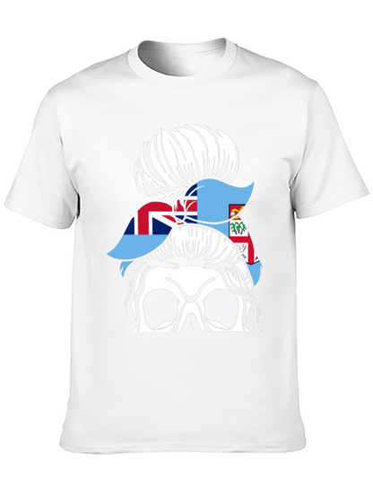 Fiji Flag Messy Bun Skull T-Shirt