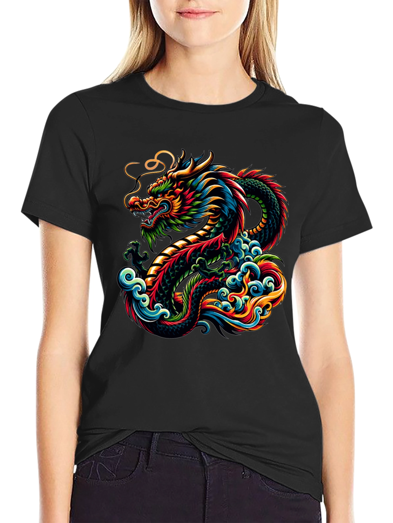 Vibrant Dragon Graphic Tee - Black Cotton T-Shirt