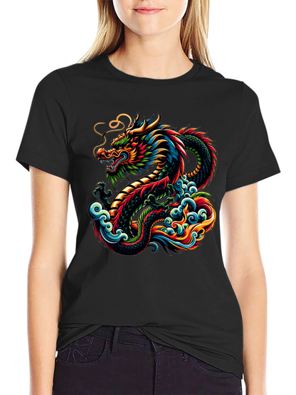 Vibrant Dragon Graphic Tee - Black Cotton T-Shirt