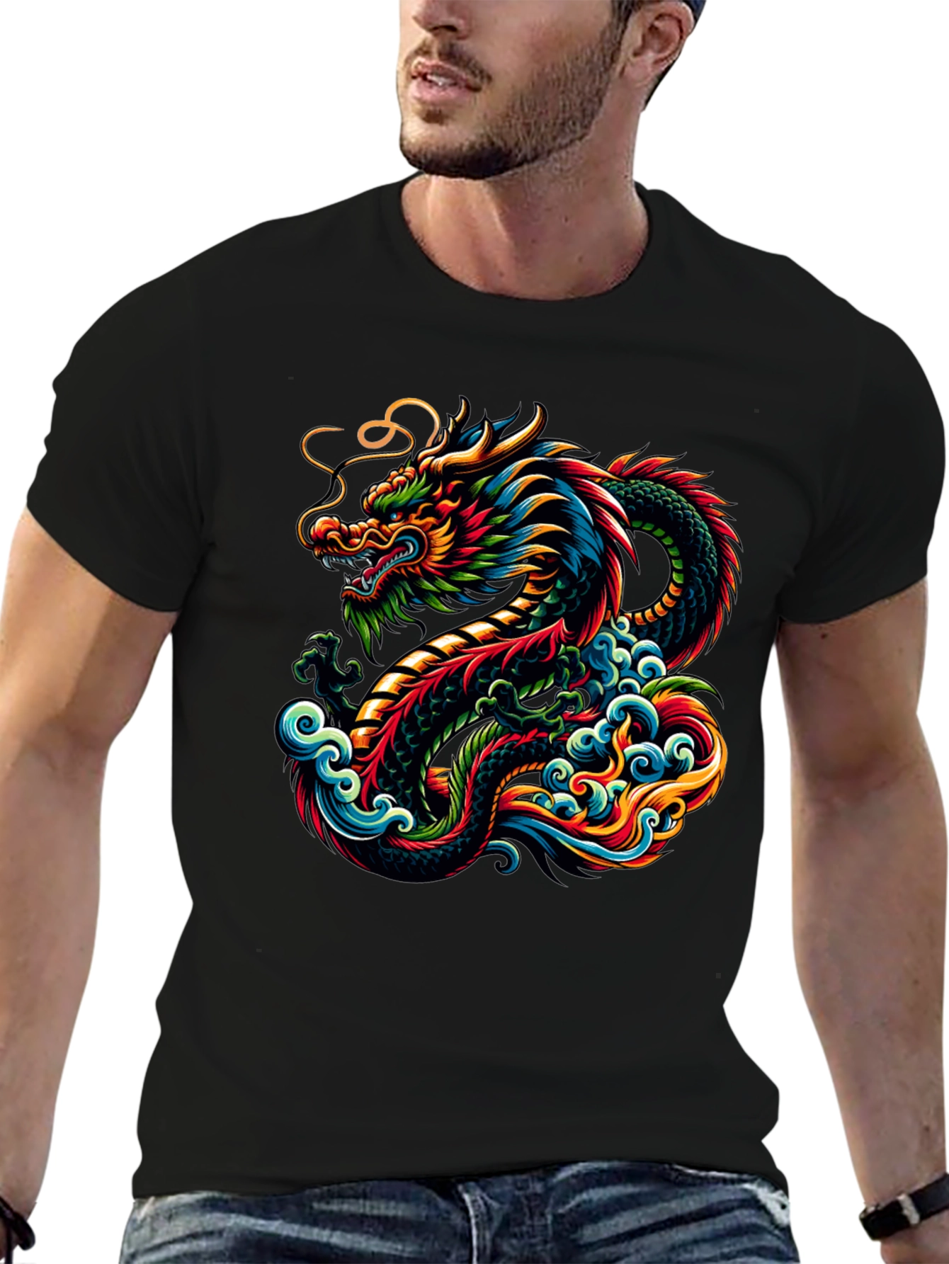 Vibrant Dragon Graphic Tee - Black Cotton T-Shirt