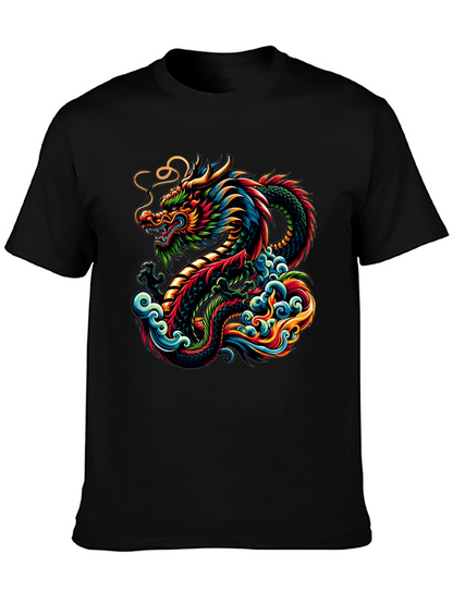 Vibrant Dragon Graphic Tee - Black Cotton T-Shirt