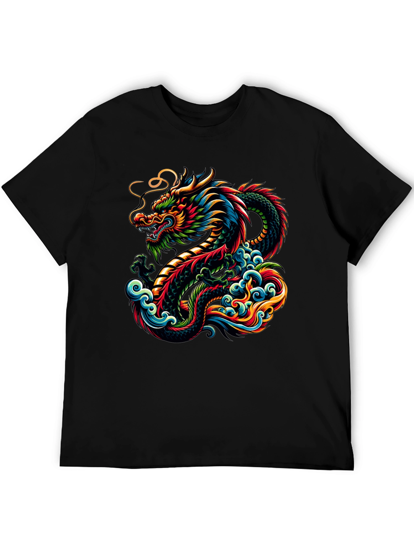 Vibrant Dragon Graphic Tee - Black Cotton T-Shirt