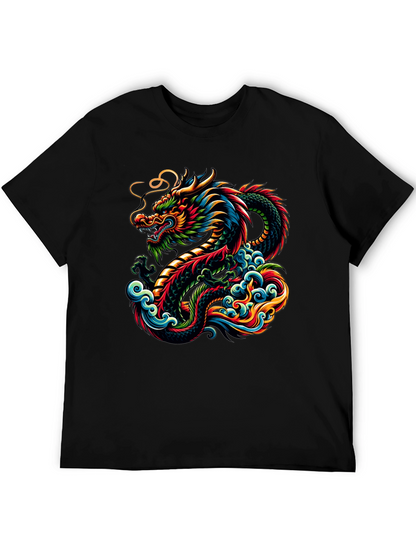 Vibrant Dragon Graphic Tee - Black Cotton T-Shirt