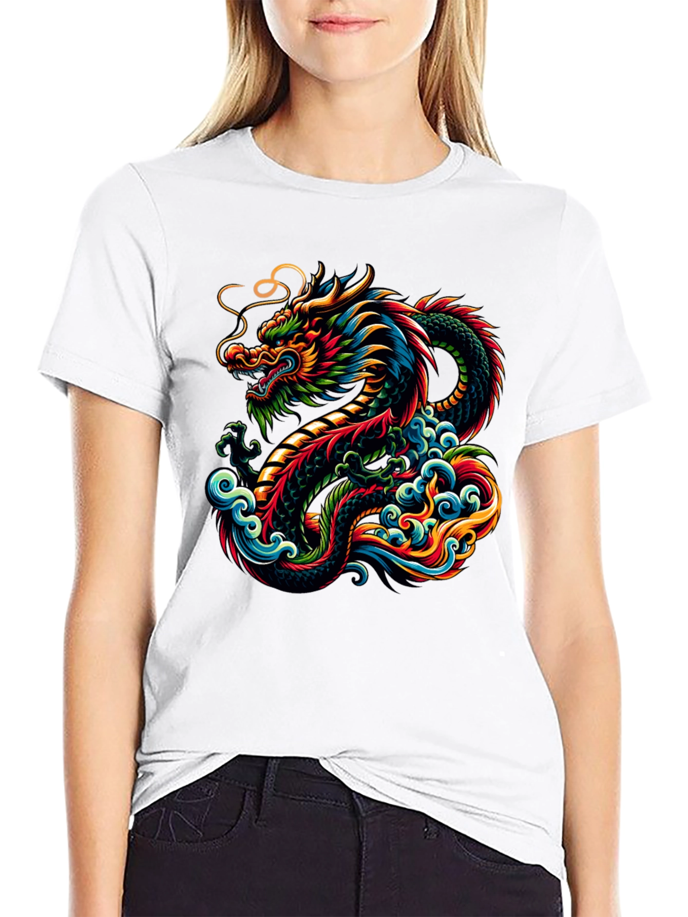 Vibrant Dragon Graphic Tee - Black Cotton T-Shirt