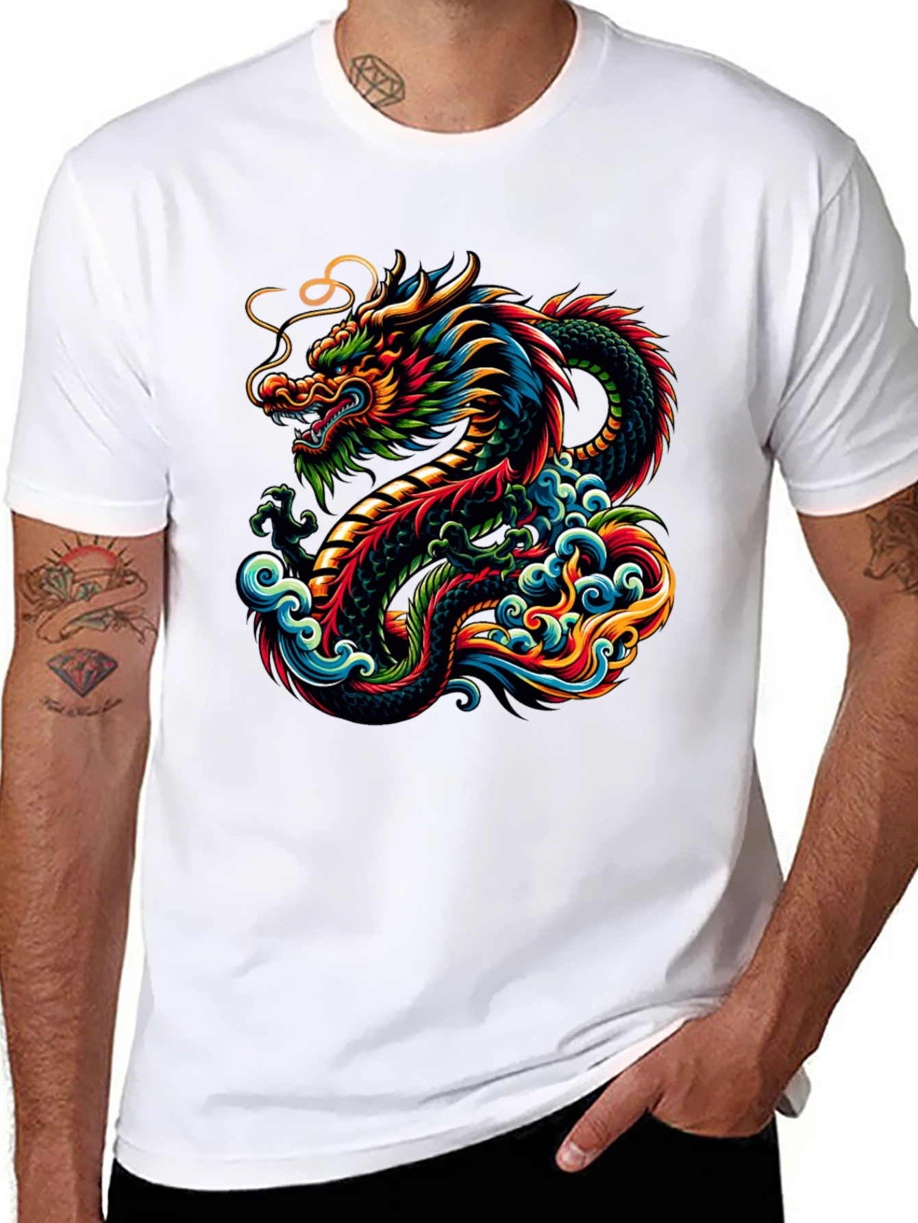 Vibrant Dragon Graphic Tee - Black Cotton T-Shirt