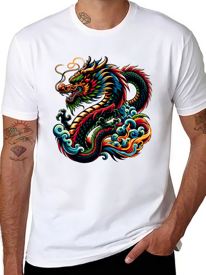 Vibrant Dragon Graphic Tee - Black Cotton T-Shirt