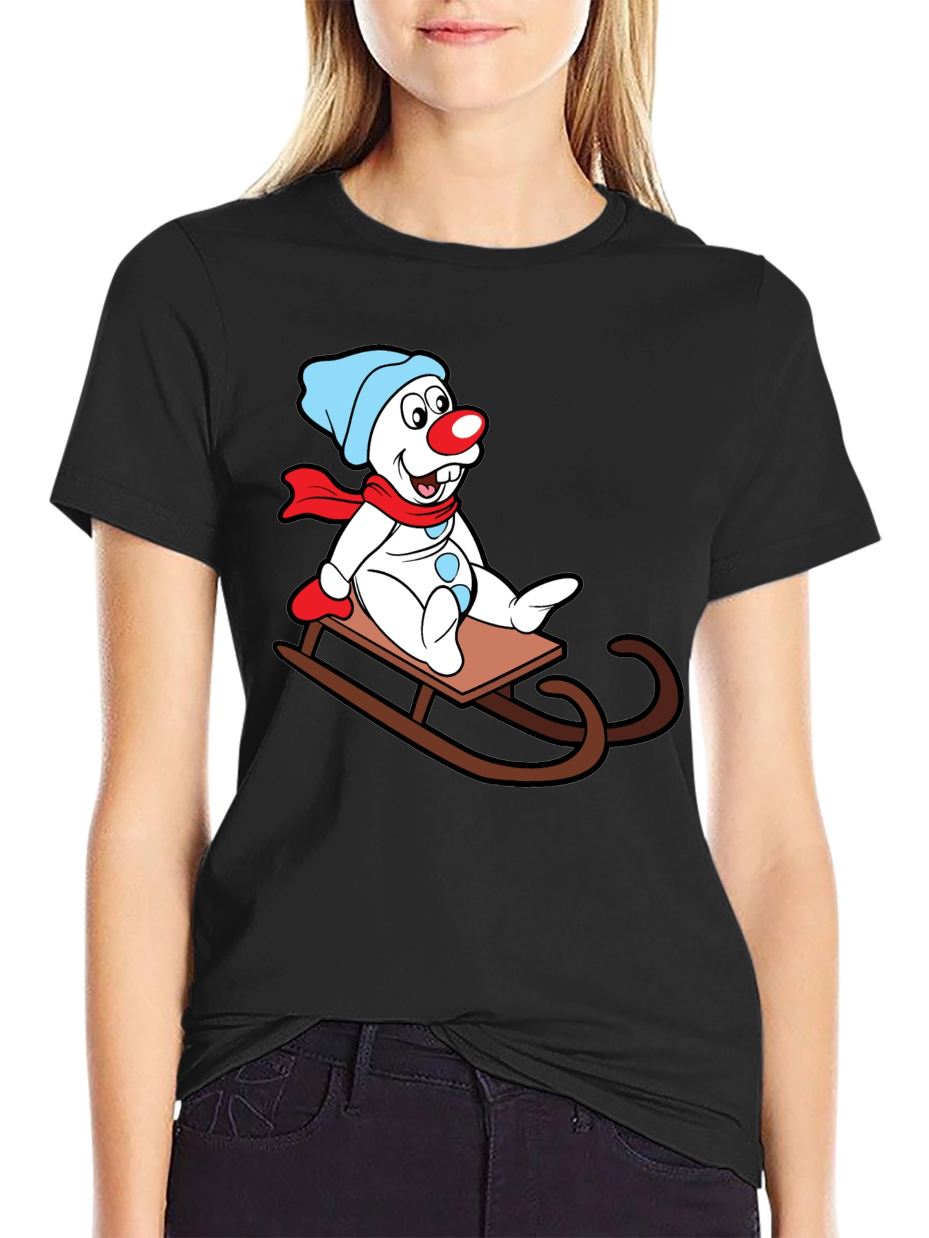 Frosty Sledding T-Shirt - Cartoon Snowman Design