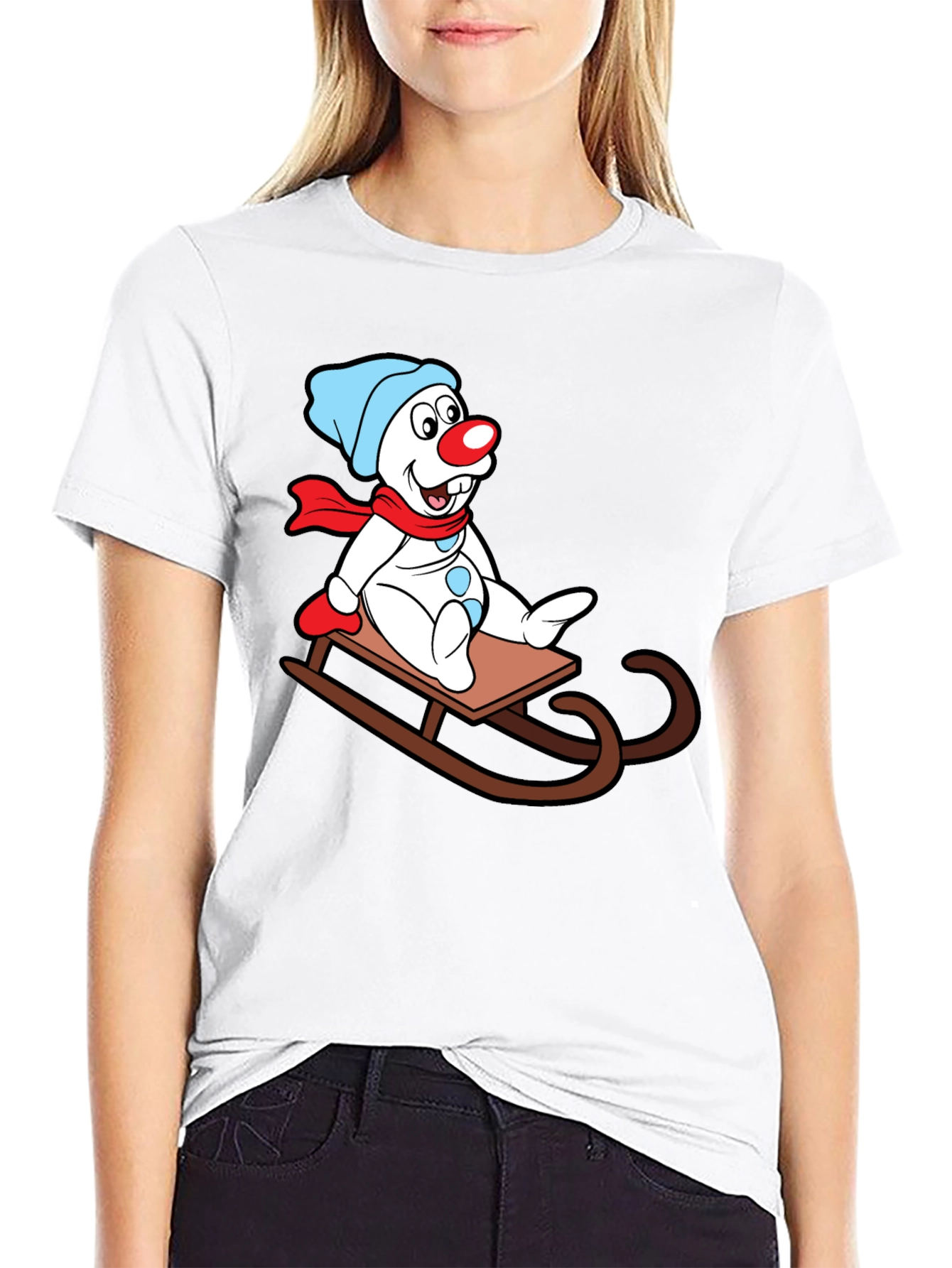 Frosty Sledding T-Shirt - Cartoon Snowman Design