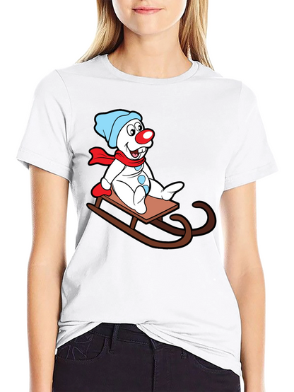 Frosty Sledding T-Shirt - Cartoon Snowman Design