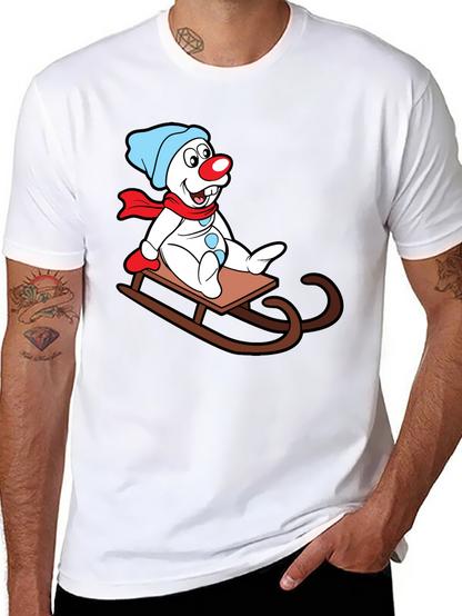 Frosty Sledding T-Shirt - Cartoon Snowman Design