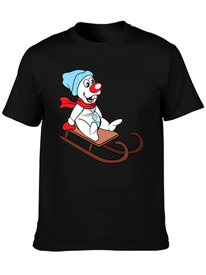 Frosty Sledding T-Shirt - Cartoon Snowman Design