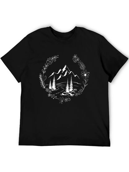 Nature Inspired Graphic Tee: Mountain & Floral Design