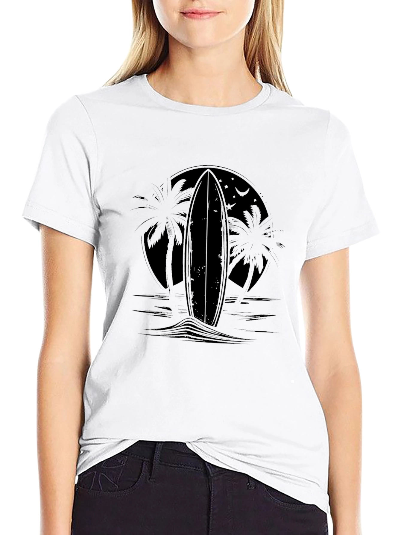 Black Surfboard Palm Tee - Tropical Style