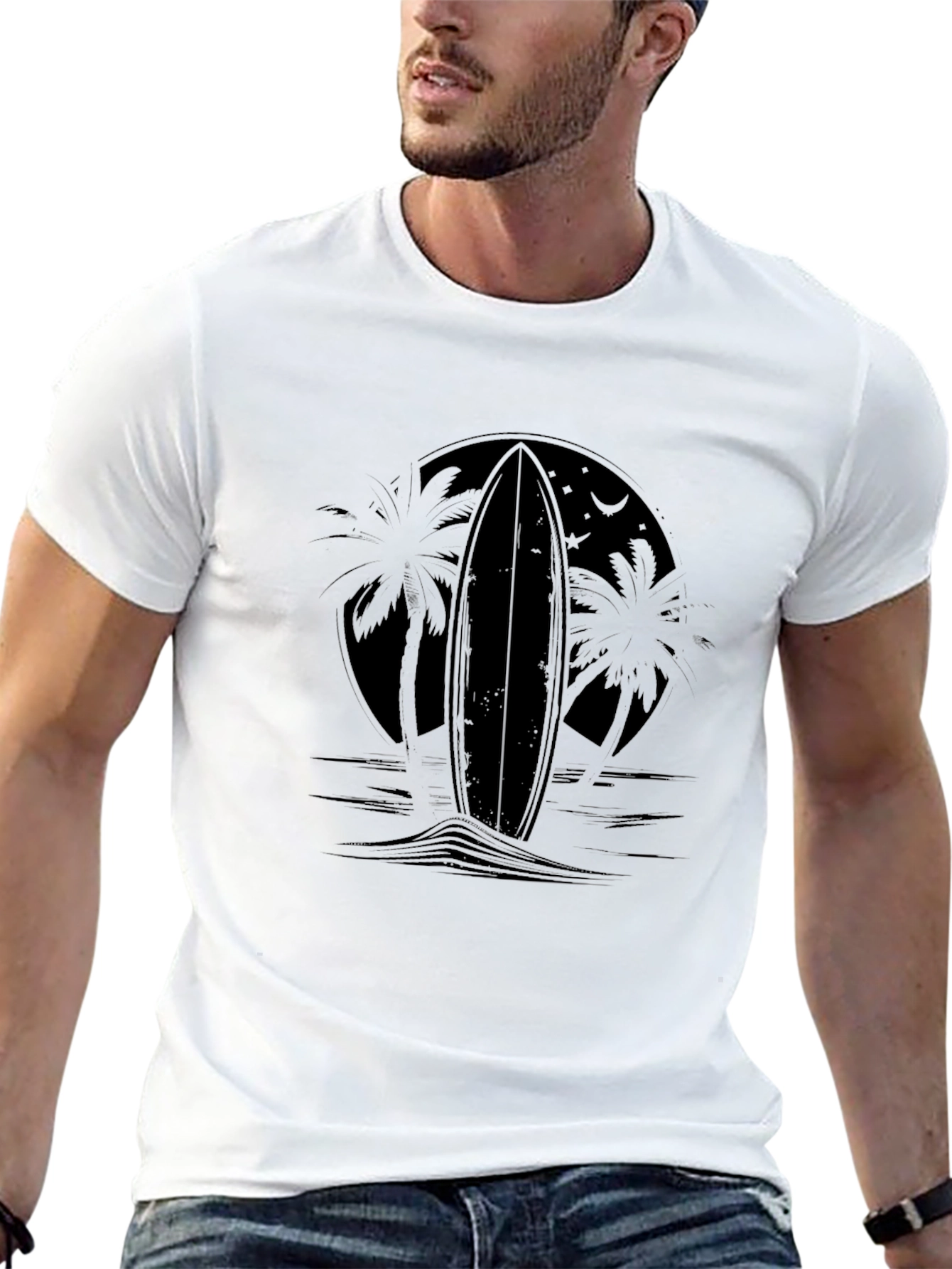 Black Surfboard Palm Tee - Tropical Style