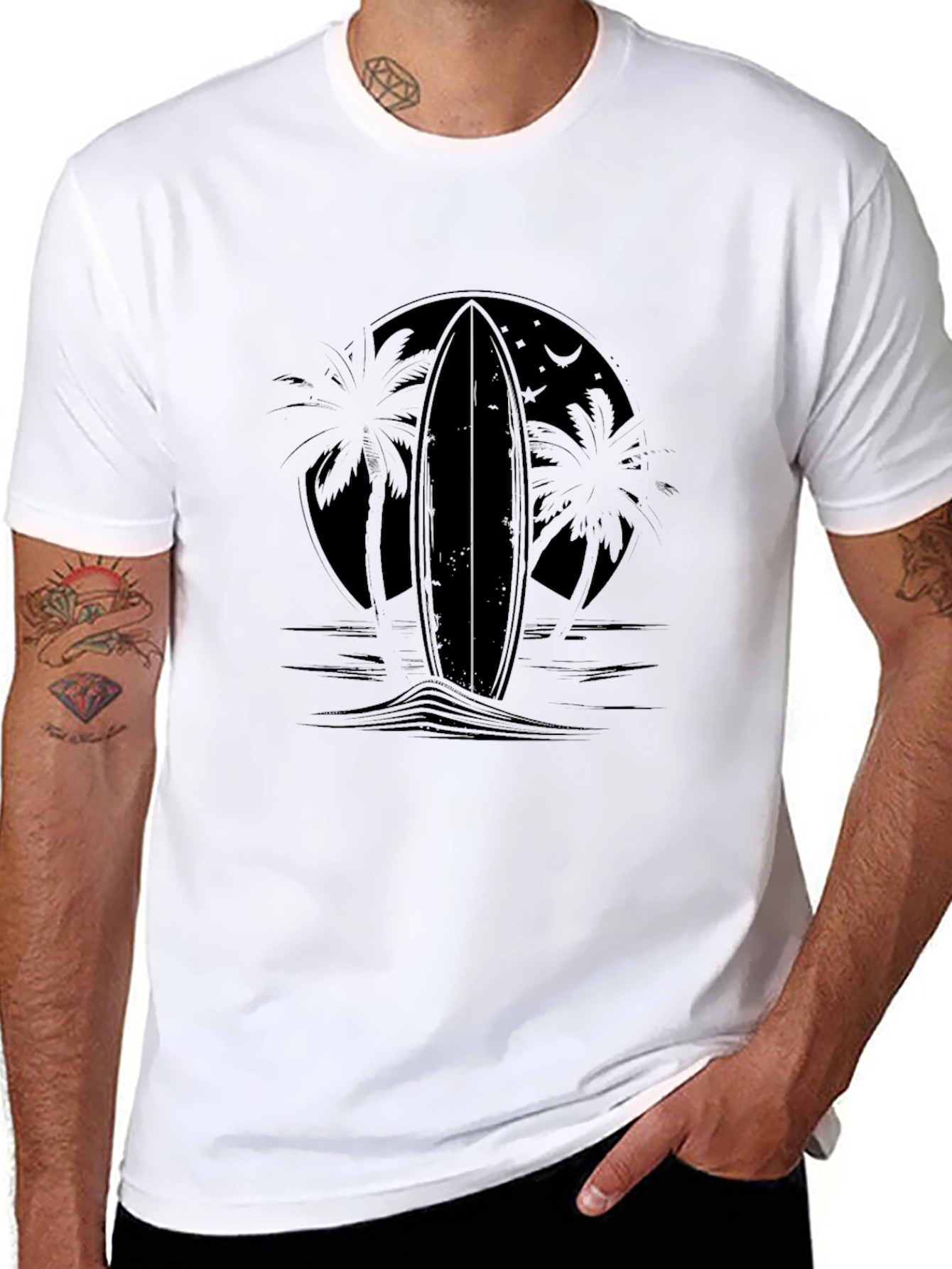 Black Surfboard Palm Tee - Tropical Style