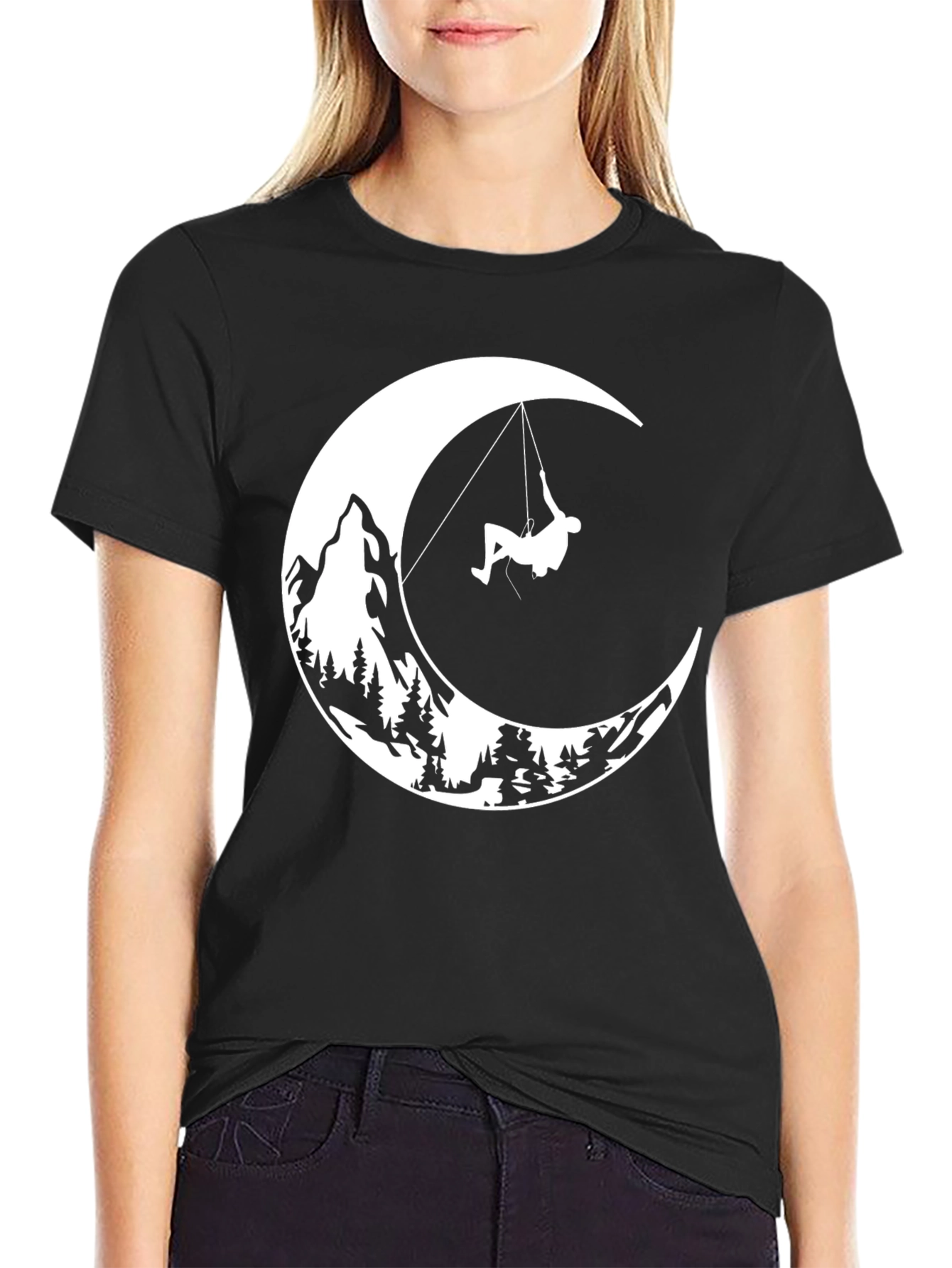 Moonlit Climb Graphic Tee - Black Cotton T-Shirt