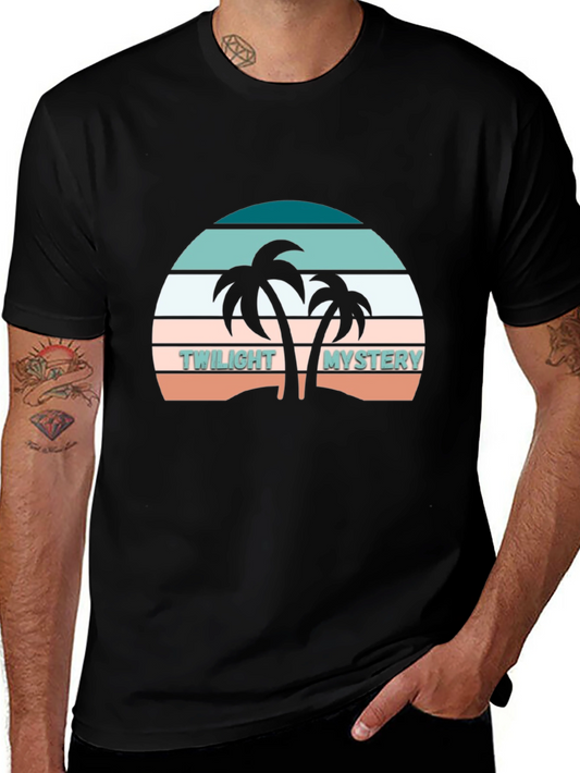 Twilight Mystery Graphic Tee - Retro Sunset Palm Tree Design