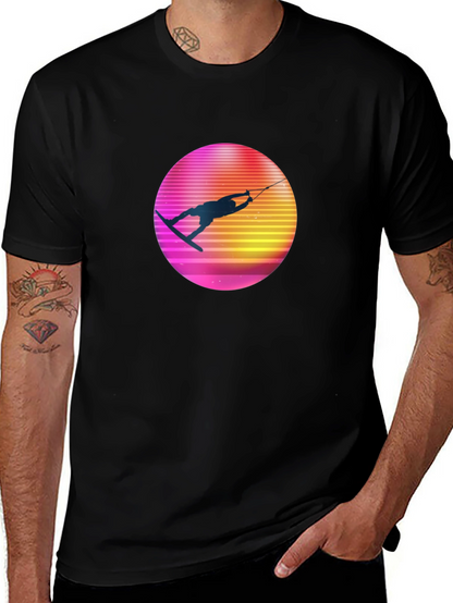Retro Wakeboarder Graphic Tee - Black Cotton T-Shirt