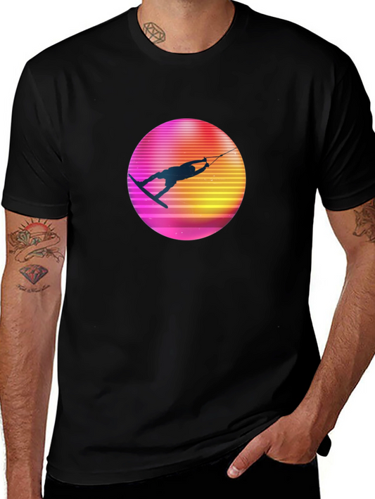 Retro Wakeboarder Graphic Tee - Black Cotton T-Shirt