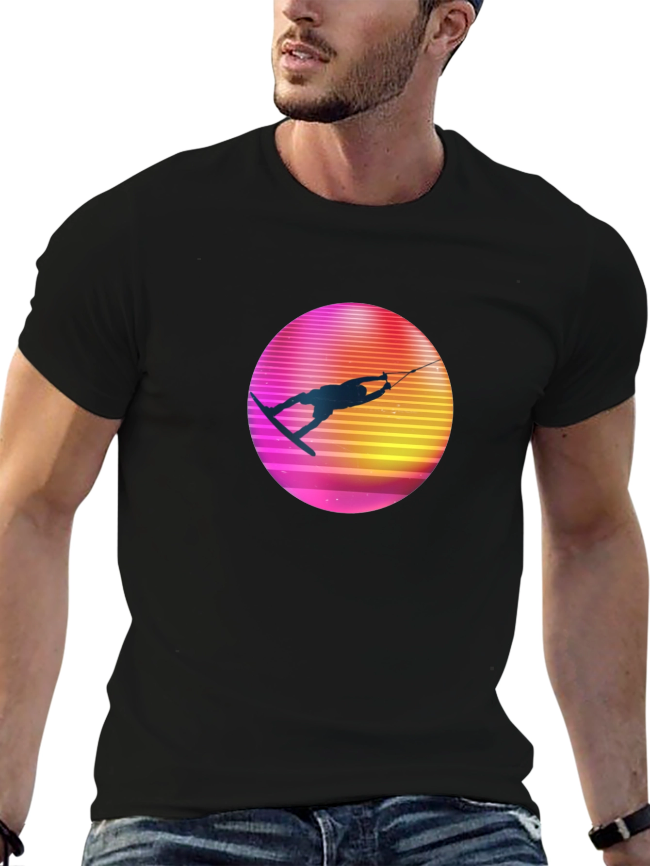 Retro Wakeboarder Graphic Tee - Black Cotton T-Shirt