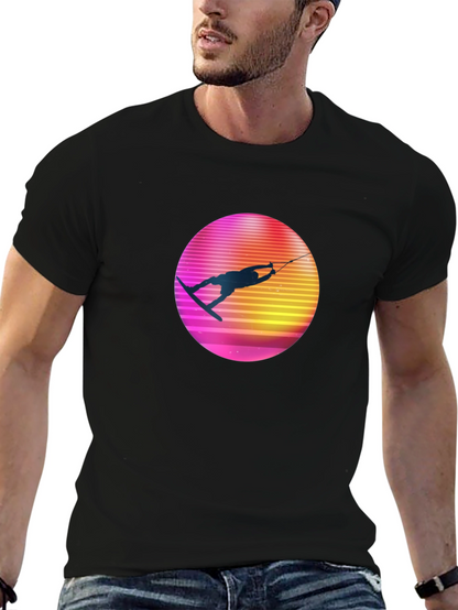 Retro Wakeboarder Graphic Tee - Black Cotton T-Shirt