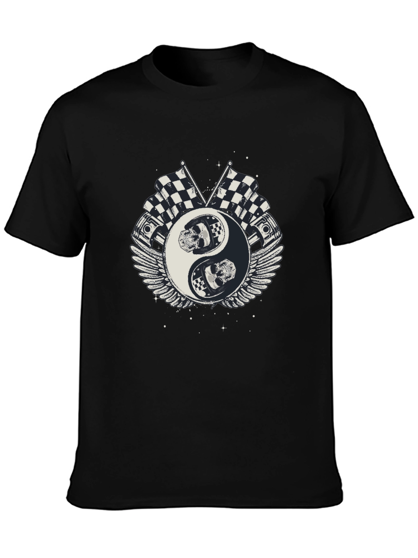 Yin Yang Skull Racing Flags Graphic T-Shirt