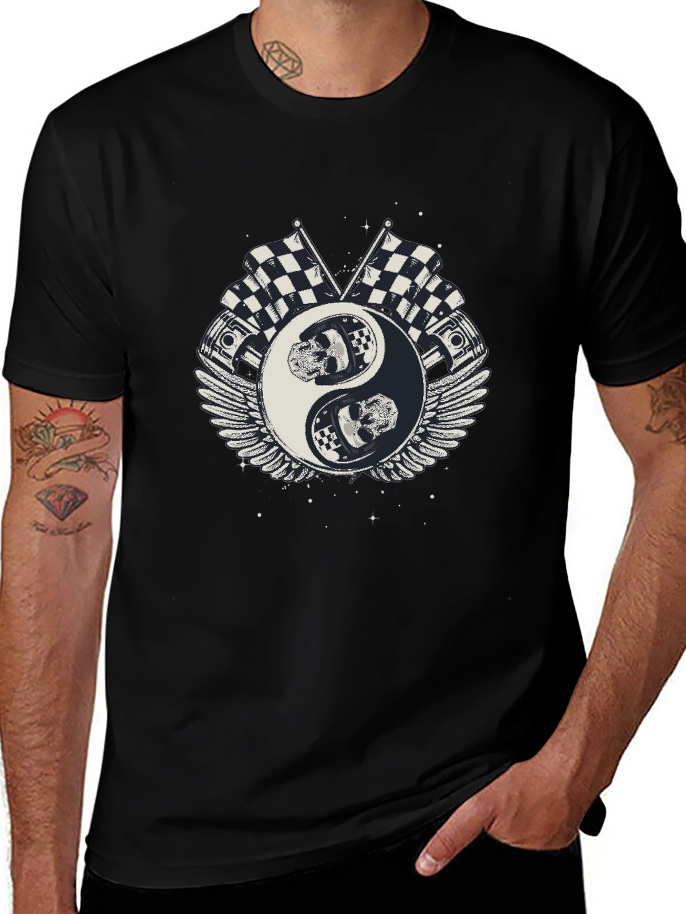 Yin Yang Skull Racing Flags Graphic T-Shirt