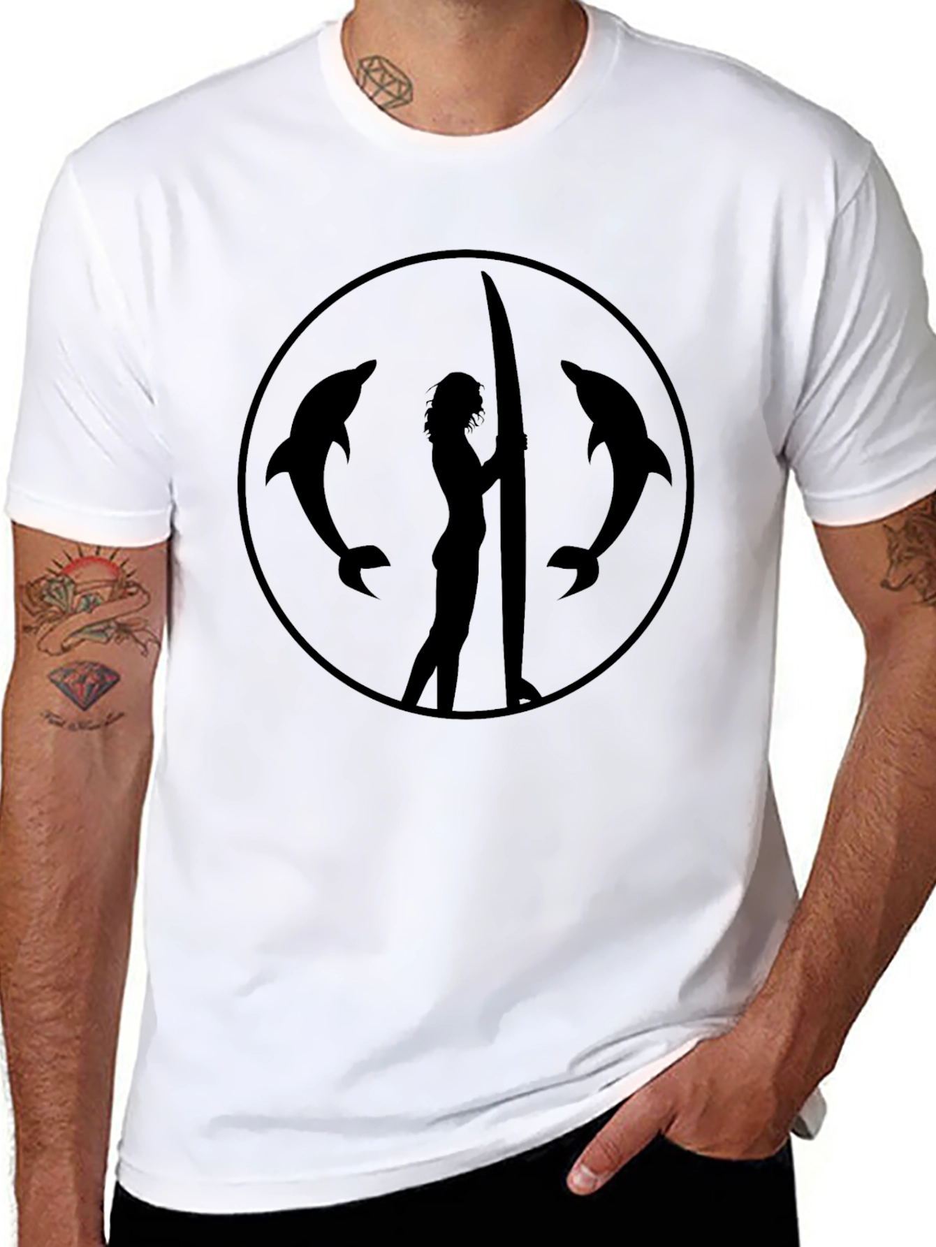 Dolphin Surf Girl Tee - Black Graphic T-Shirt