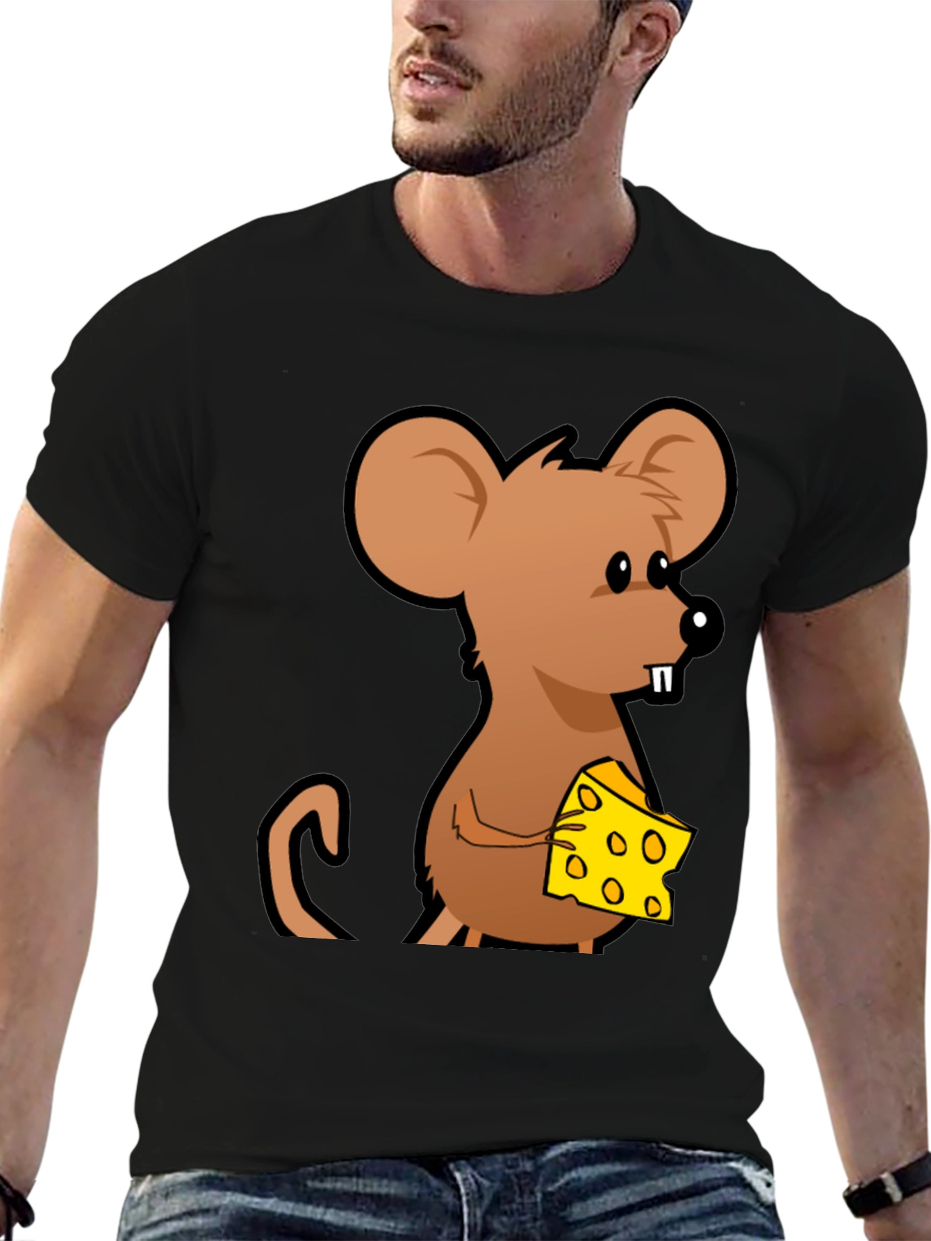 Cartoon Mouse with Cheese Graphic T-Shirt - Black