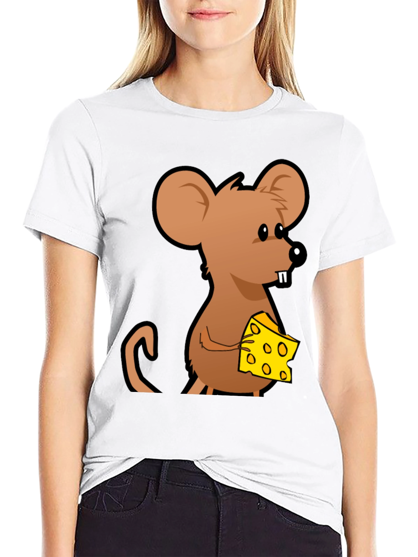 Cartoon Mouse with Cheese Graphic T-Shirt - Black