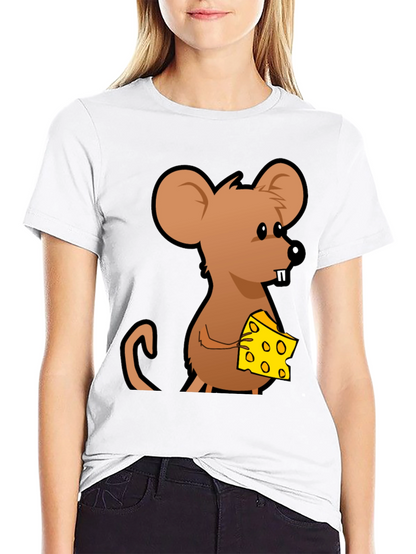 Cartoon Mouse with Cheese Graphic T-Shirt - Black