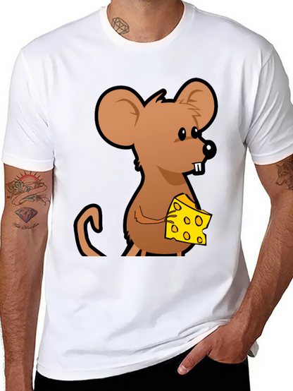 Cartoon Mouse with Cheese Graphic T-Shirt - Black