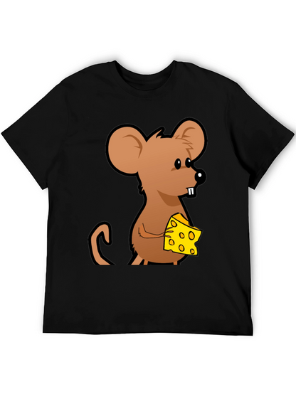 Cartoon Mouse with Cheese Graphic T-Shirt - Black