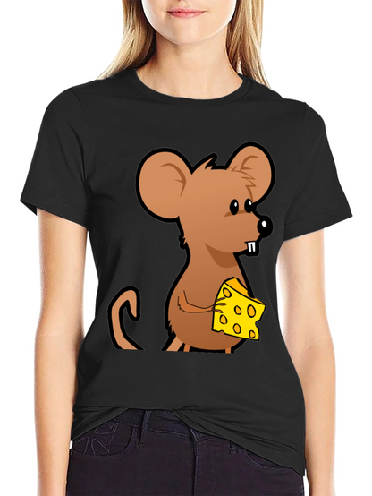 Cartoon Mouse with Cheese Graphic T-Shirt - Black