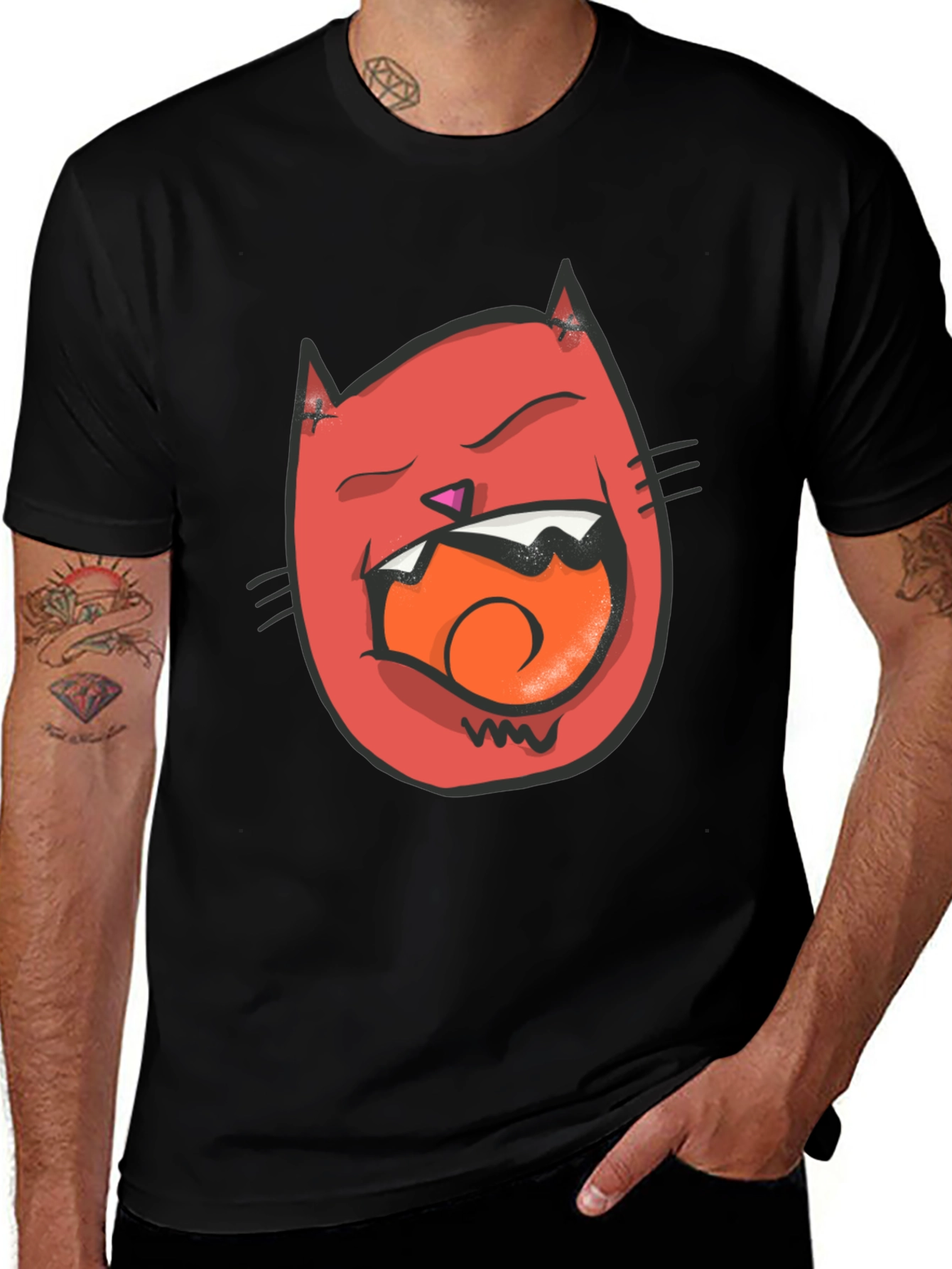 Cartoon Cat Graphic Tee - Black Crew Neck T-Shirt