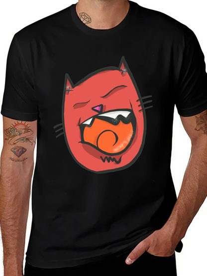 Cartoon Cat Graphic Tee - Black Crew Neck T-Shirt
