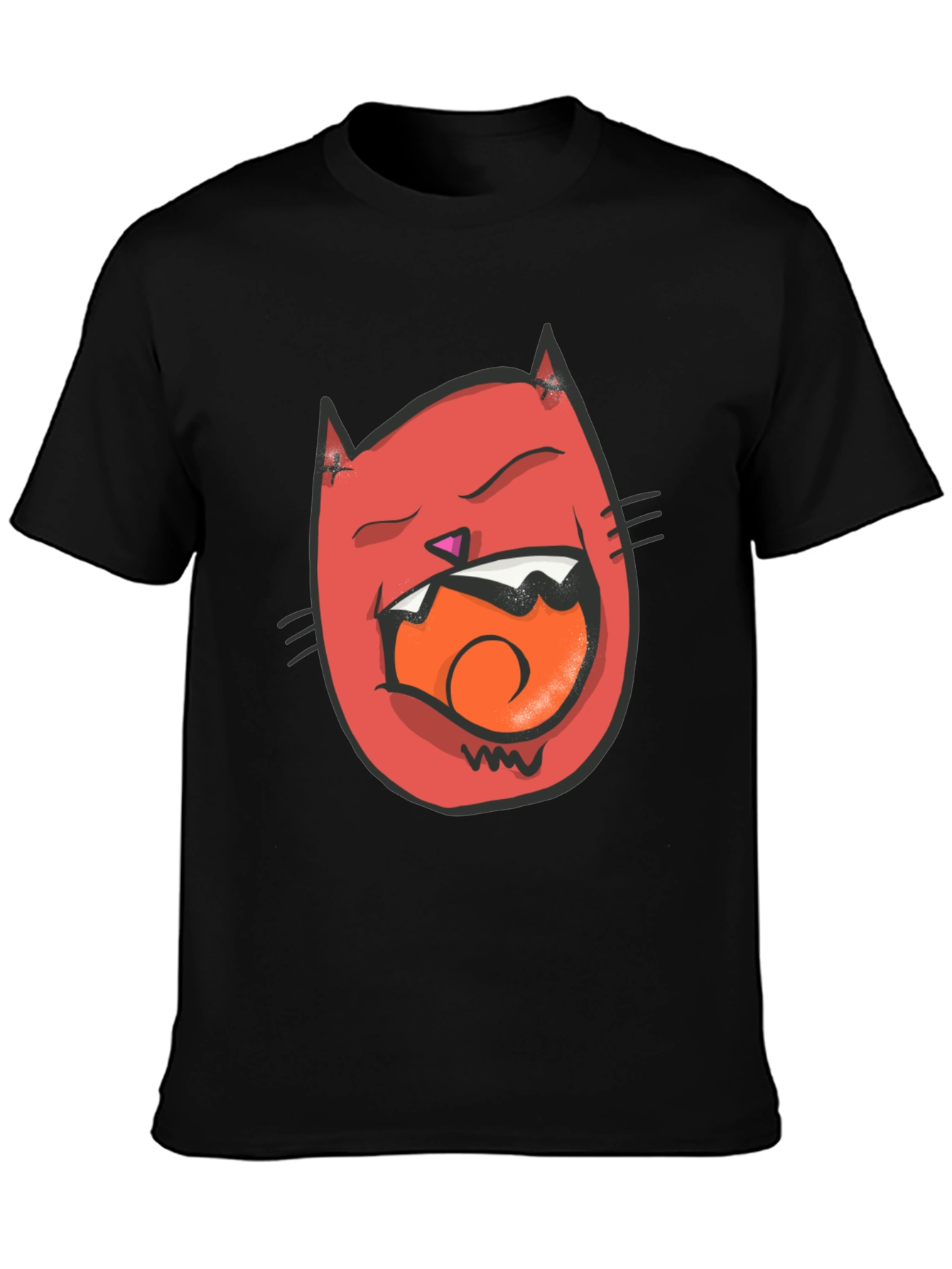 Cartoon Cat Graphic Tee - Black Crew Neck T-Shirt