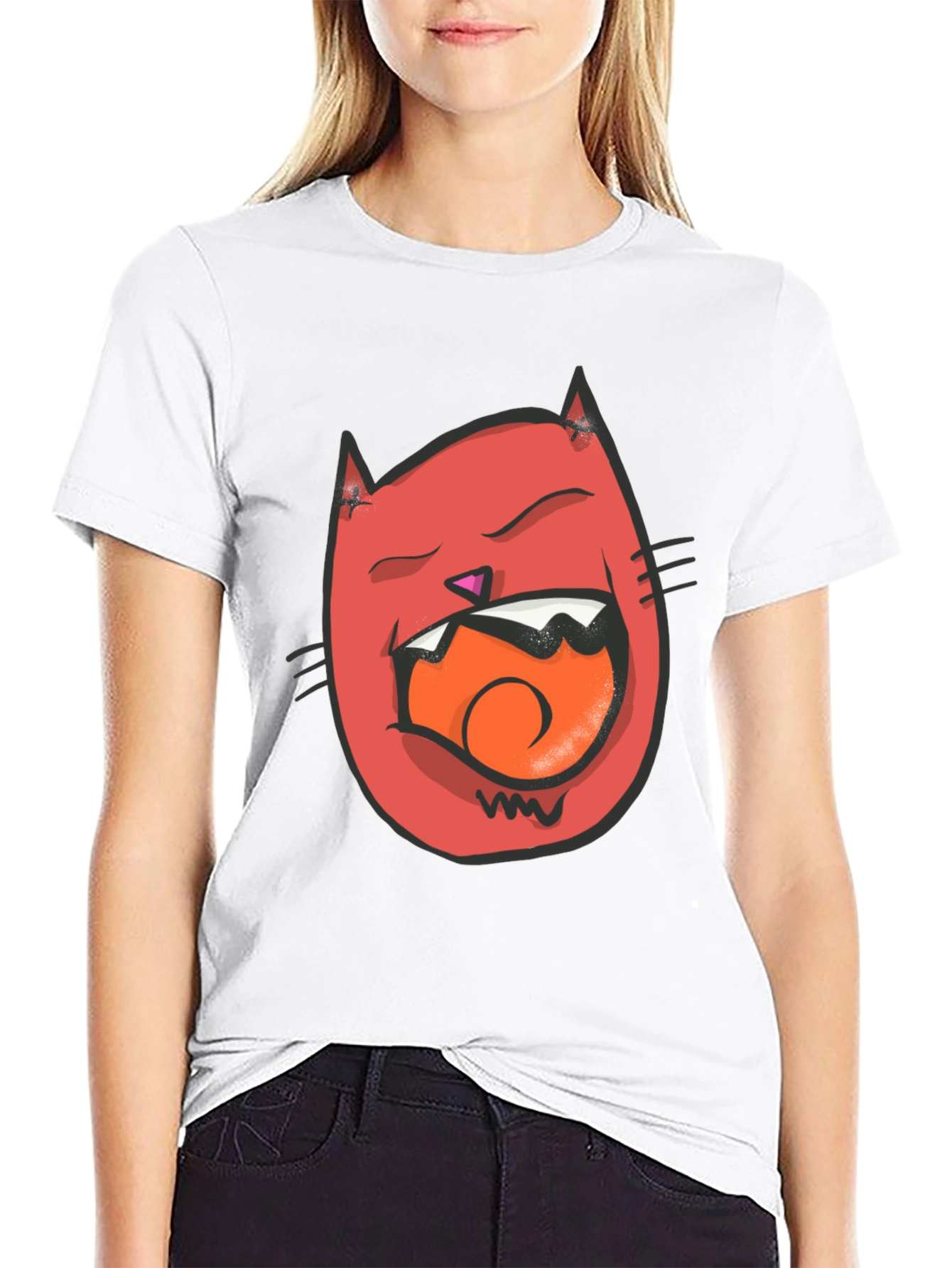 Cartoon Cat Graphic Tee - Black Crew Neck T-Shirt