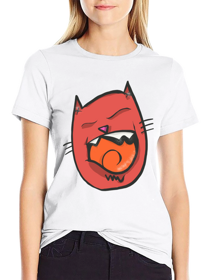 Cartoon Cat Graphic Tee - Black Crew Neck T-Shirt