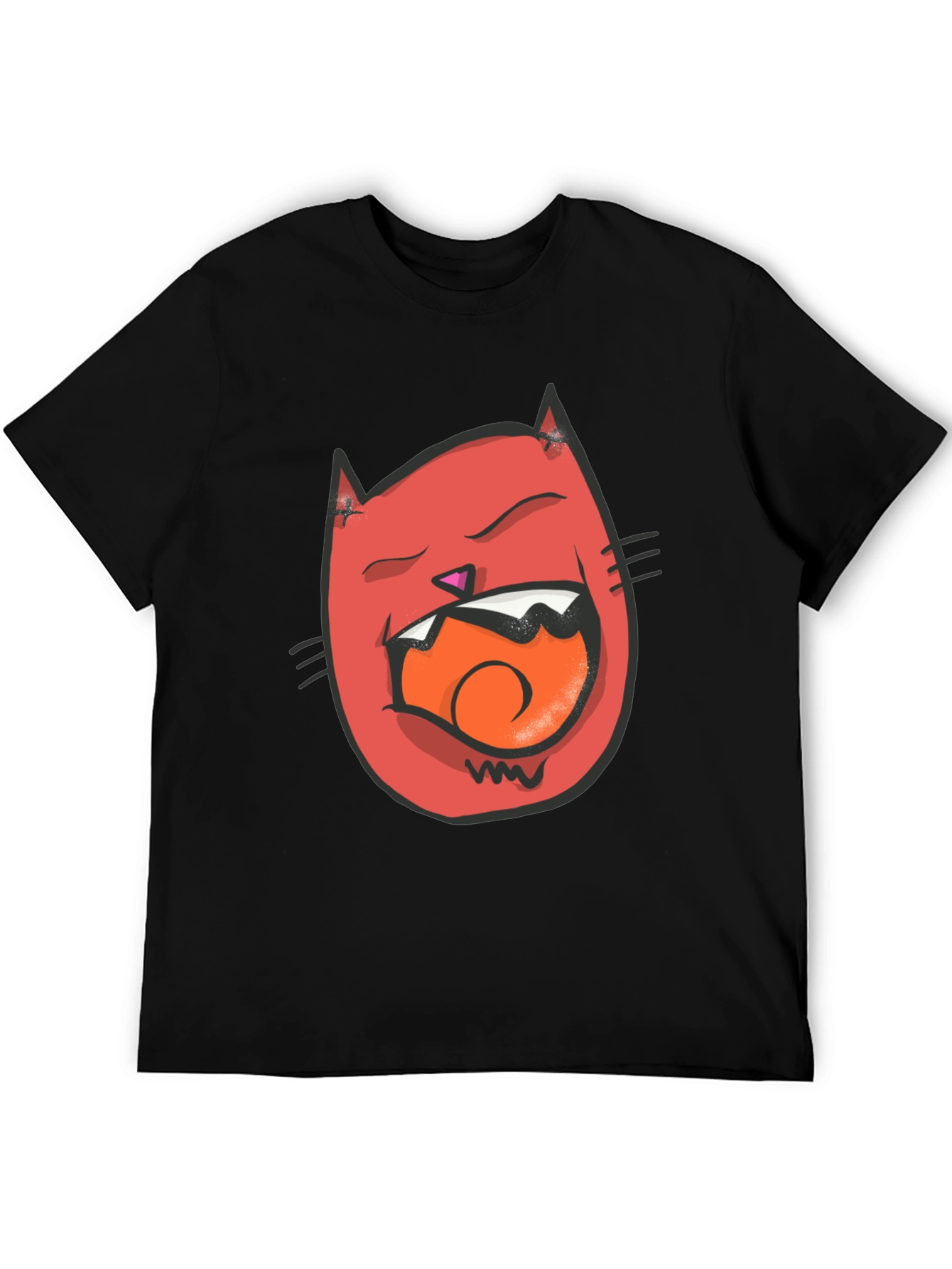 Cartoon Cat Graphic Tee - Black Crew Neck T-Shirt