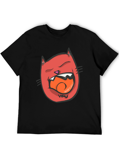 Cartoon Cat Graphic Tee - Black Crew Neck T-Shirt